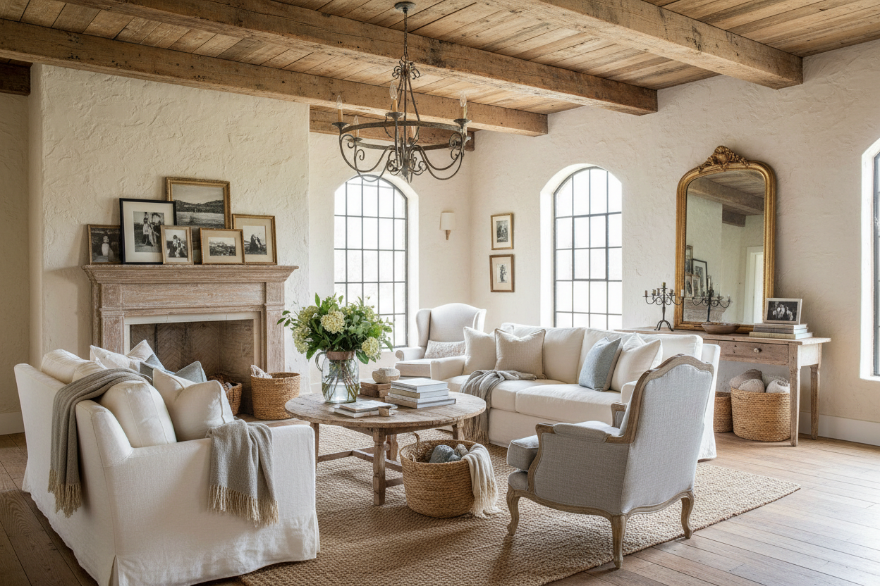 cozy, functional, lived in space but texas french farmhouse style 